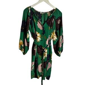 Tucker Dress Women M Kelly Green Floral 100% Silk Tie Belt Detail Long Sleeve